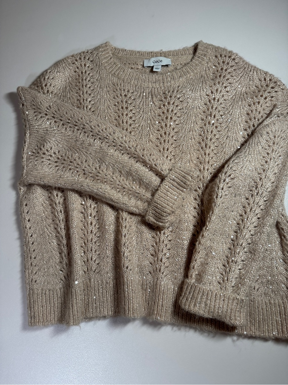 CeCe Sweater Women’s Large Champagne Sequin Open Knit Oversized Pullover
